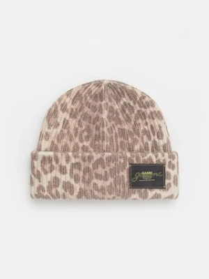 GANNI czapka z dodatkiem wełny Graphic Wool Mix Printed Leopard