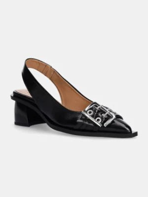 GANNI czółenka Feminine Buckle Slingback Pump Naplack kolor czarny na słupku z odkrytą piętą S2892