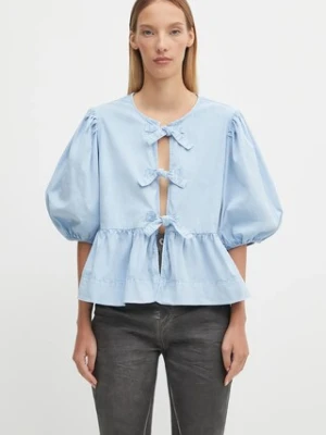 GANNI koszula Washed Stretch Cotton Peplum Blouse damskie kolor niebieski regular z wiązanym dekoltem W0970