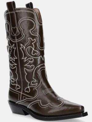 GANNI kowbojki Mid Shaft Embroidered Western Boot Oleatex damskie kolor brązowy na słupku S3112