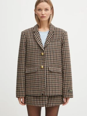 GANNI marynarka z domieszką wełny Check Wool Mix Oversized Blazer kolor brązowy jednorzędowa wzorzysta W0426