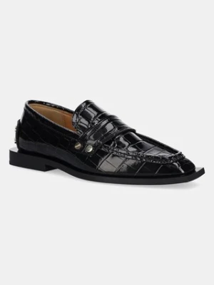 GANNI mokasyny Studs Square Toe Loafer Shiny Croco damskie kolor czarny na płaskim obcasie S3014