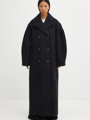 GANNI płaszcz z dodatkiem wełny Peacoat Wool Long kolor granatowy W0802