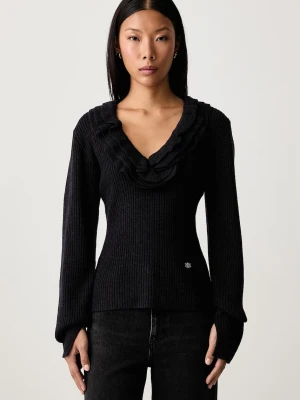 GANNI Ribbed Frill sweter z wełną merino damski