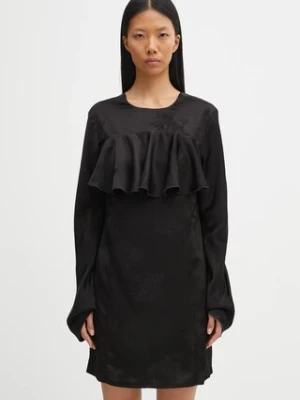 GANNI sukienka Fluid Satin Jacquard Mini Ruffle kolor czarny mini prosta W0792