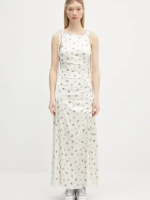 GANNI sukienka Printed Satin Gathered Long kolor beżowy maxi prosta W0262