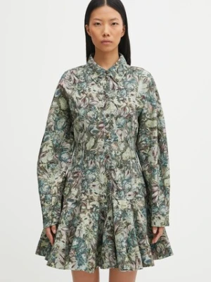 GANNI sukienka Printed Stretch Cotton Buttoned Mini kolor zielony mini rozkloszowana W1096