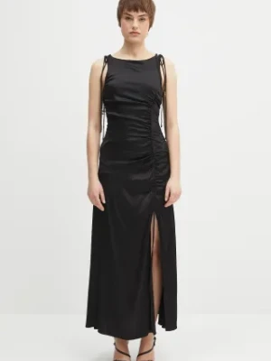 GANNI sukienka Solid Satin Gathered Long kolor czarny maxi dopasowana W0381