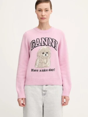 GANNI sweter wełniany Graphic Wool Mix Poodle damski kolor różowy lekki K2499