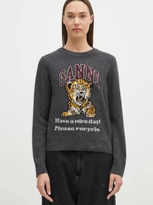 GANNI sweter wełniany Graphic Wool Mix Tiger Crewneck damski kolor szary lekki K2278