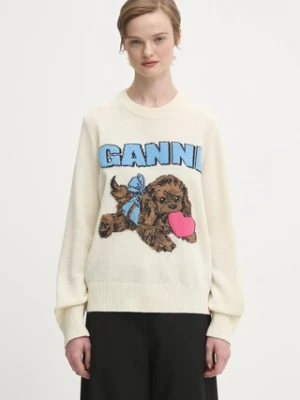 GANNI sweter z dodatkiem wełny Graphic Wool Mix Fluffy Puppy Love damski kolor beżowy K2562