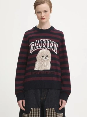GANNI sweter z dodatkiem wełny Graphic Wool Mix Poodle Stripe damski kolor bordowy lekki K2567