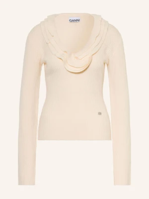 Ganni Sweter Z Wełną Merynosową I Falbanami beige ECRU