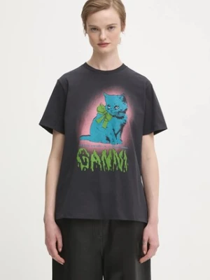 GANNI t-shirt bawełniany Basic Cotton Jersey Neon Kitty kolor szary z nadrukiem T4340