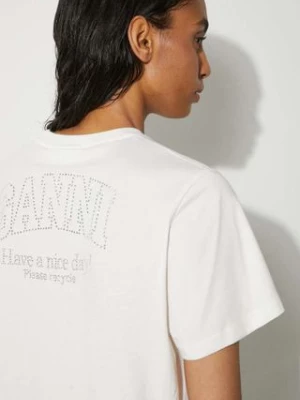 GANNI t-shirt bawełniany Basic Jersey Rhinestone Relaxed T-shirt damski kolor beżowy T3946