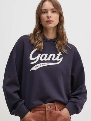 Gant bluza bawełniana damska kolor granatowy z kapturem z aplikacją 4200489