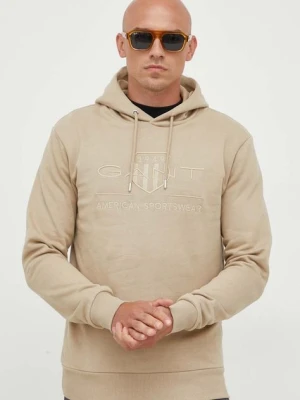 Gant bluza bawełniana męska kolor beżowy z kapturem gładka