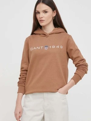 Gant bluza damska kolor brązowy z kapturem z nadrukiem