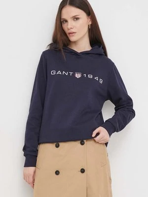 Gant bluza damska kolor granatowy z kapturem z nadrukiem