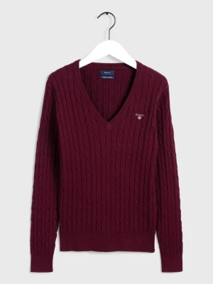 GANT damski sweter z elastycznej bawełny o splocie warkoczowym z dekoltem w kształcie litery V