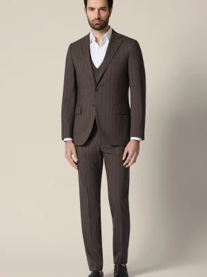 Garnitur Brązowy Wełniany z Elastycznym Pasem w Prążek Ceuta Lancerto
