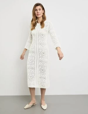 GERRY WEBER Damski Ażurowa sukienka midi długie Okrągły Biały Jednokolorowy