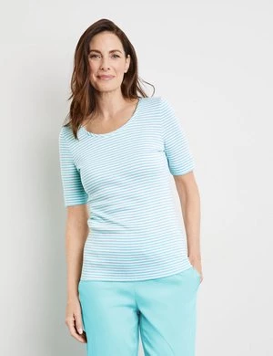 GERRY WEBER Damski Bawełniany T-shirt w prążki 64cm Półrękawek Okrągły Niebieski W paski