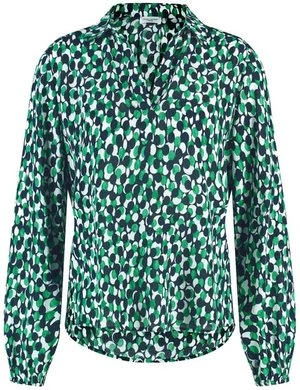 GERRY WEBER Damski Bluzka z długim rękawem z detalem w postaci plisy 66cm długie w serek Zielony W kropki