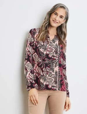 GERRY WEBER Damski Koszulka z długim rękawem i tropikalnym nadrukiem 62cm długie w serek Multicolor W kwiaty