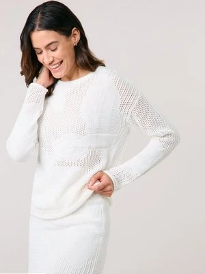 GERRY WEBER Damski Miękki sweter z ażurowej dzianiny 60cm długie Okrągły, Biały Jednokolorowy