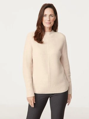 GERRY WEBER Damski Sweter dzianinowy z dodatkiem wełny 60cm Szerokie prążkowane mankiety półgolf, Beżowy Jednokolorowy