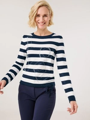 Zdjęcie produktu GERRY WEBER Damski Sweter w paski z ozdobnymi kamyczkami 58cm długie Okrągły, Niebieski W paski