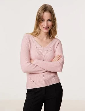 GERRY WEBER Damski Sweter z ażurowymi detalami 58cm Szerokie prążkowane mankiety w serek Różowy Jednokolorowy