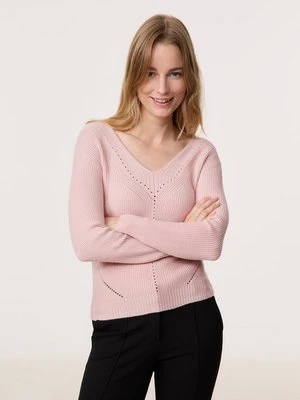 GERRY WEBER Damski Sweter z ażurowymi detalami 58cm Szerokie prążkowane mankiety w serek, Różowy Jednokolorowy