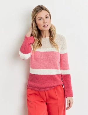 GERRY WEBER Damski Sweter z fakturalnej dzianiny w bloki kolorów 58cm długie Okrągły Różowy W paski