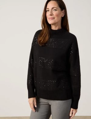 GERRY WEBER Damski Sweter z półgolfem i zdobieniem 60cm długie Czarny Jednokolorowy