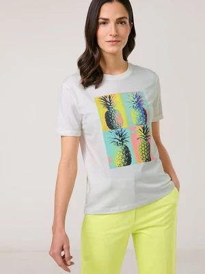 GERRY WEBER Damski T-shirt z artystycznym nadrukiem z przodu i rękawami z mankietami 62cm krótkie Okrągły, Multicolor Jednokolorowy