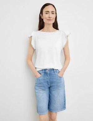 GERRY WEBER Damski T-shirt z falbaną na rękawach 60cm krótkie Okrągły Biały Jednokolorowy