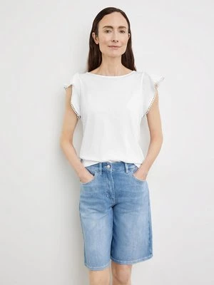 GERRY WEBER Damski T-shirt z falbaną na rękawach 60cm krótkie Okrągły, Biały Jednokolorowy