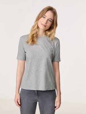 GERRY WEBER Damski T-shirt z ozdobnymi kamykami 62cm krótkie Okrągły, Szary Jednokolorowy