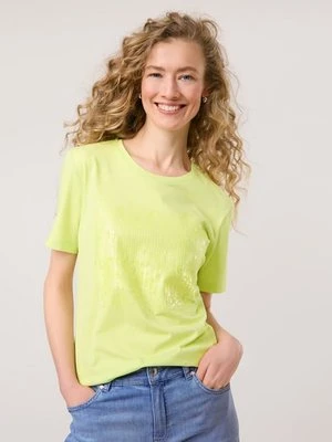 GERRY WEBER Damski T-shirt z półrękawkiem i cekinami 62cm Półrękawek Okrągły, Zielony Jednokolorowy