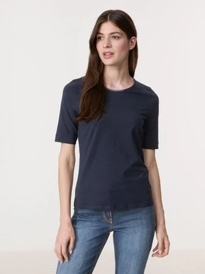 GERRY WEBER Damski T-shirt z satynowym obszyciem 64cm Półrękawek Okrągły, Niebieski Jednokolorowy