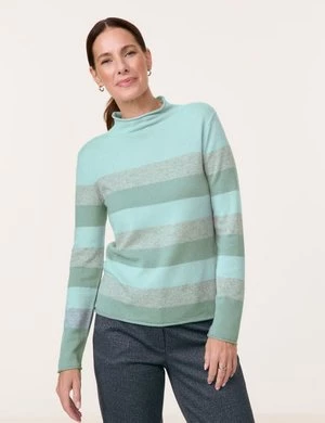 GERRY WEBER Damski Wełniany sweter z szerokimi pasami 60cm długie półgolf Zielony Jednokolorowy