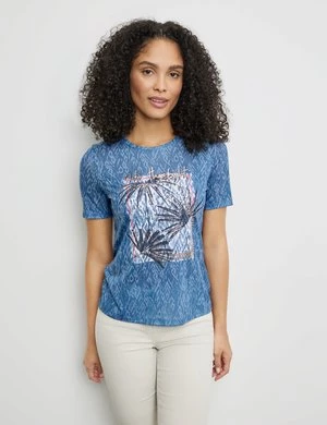 GERRY WEBER Damski Wzorzysty T-shirt z nadrukiem z przodu 64cm krótkie Okrągły Niebieski