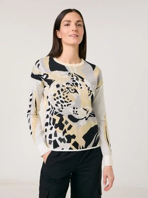 GERRY WEBER Damski Żakardowy sweter ze zwierzęcym wzorem 60cm długie Okrągły, Multicolor Jednokolorowy