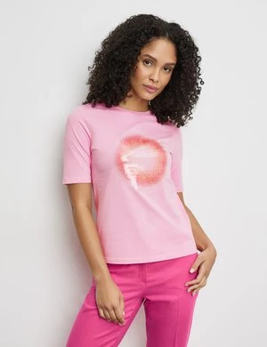 GERRY WEBER Damski Zrównoważony T-shirt z cekinami 64cm krótkie Okrągły Różowy Jednokolorowy