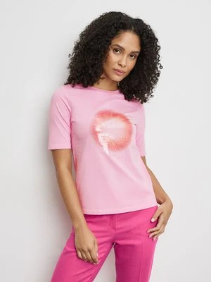 GERRY WEBER Damski Zrównoważony T-shirt z cekinami 64cm krótkie Okrągły, Różowy Jednokolorowy