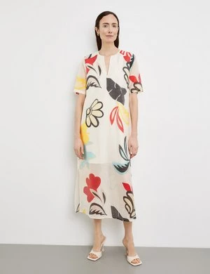GERRY WEBER Damski Zwiewna sukienka midi z kwiatowym nadrukiem krótkie w serek Beżowy W kwiaty