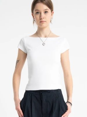 Gładka biała bluzka z dekoltem łódką Reporter