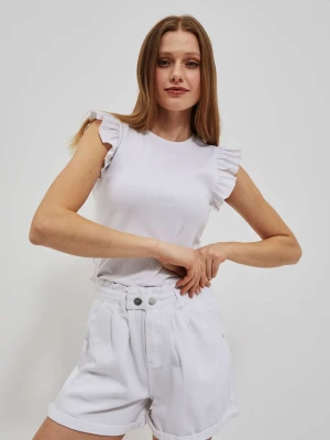 Gładka dopasowana bluzka z falbaną na ramionach biała Moodo